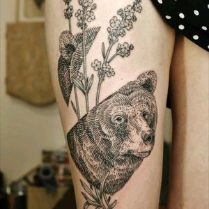 My beloved opening bear head with lavender sprigs by the wonderful Otto D'ambra in London #bear #lavender #thigh #ottodambra #surreal #blackandwhitetattoo #linework