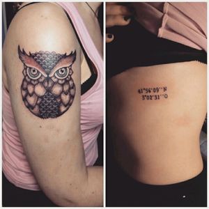 Nuevos trabajitos 💀❤ #tattoo #ink #working #owl ##coordinates #shoulder #side #MiriCheeseCake