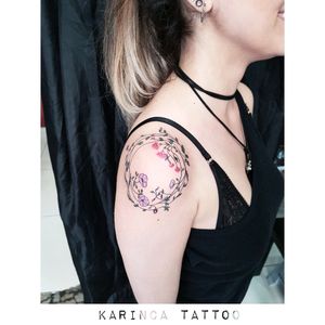 Some branch and flowers Instagram: @karincatattoo #branchtattoo #flowertattoo #botanicaltattoo #tattooedgirl #ink #linetattoo #shouldertattoo #colortattoo #colorfultattoo #smalltattoos #minimalism #woman