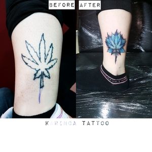 Cover Up Instagram: @karincatattoo #cover #coveruptattoo #blue #leg #tattoo #inked #tatted #tattooart #tattooartist #tattooer #leaftattoo #colorfultattoo #tattooideas