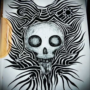 Skull, with tribal aspecta and sun and moon sign. #skull #tribal #sun #moon #blackAndWhite