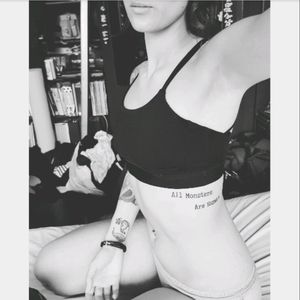 "All Monsters Are human"#tattoo #quotetattoo #ribs #blacktattoo #writing #typewriter #humanity #navelpiercing #armsleeve #koifish #myneighbortotoro  #inkedgirl #tattooedgirl