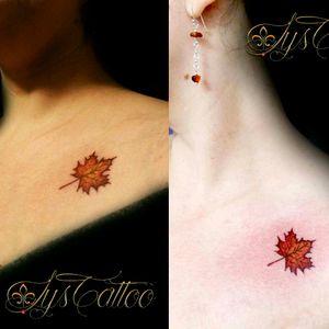 Tatouage feuille d'érable, feuille d automne. Tattoo couleur by Lys tattoo