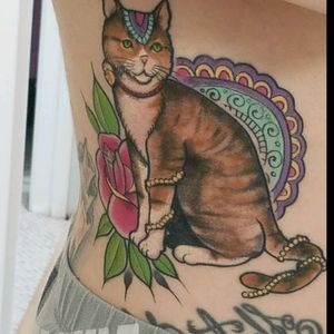 This is my very special kitty, Muffin. I got her when I was 9 years old, and she was only a few weeks old. I intended to get a tattoo of her for HER 18th birthday. Unfortunately, just a week before turning 18, she passed away and this became a memorial tattoo. Done by Billy Bubbles. The Body Gallery in Sterling, VA. #cat #memorial #memorialtattoo #color #mandala #rose #billybubbles