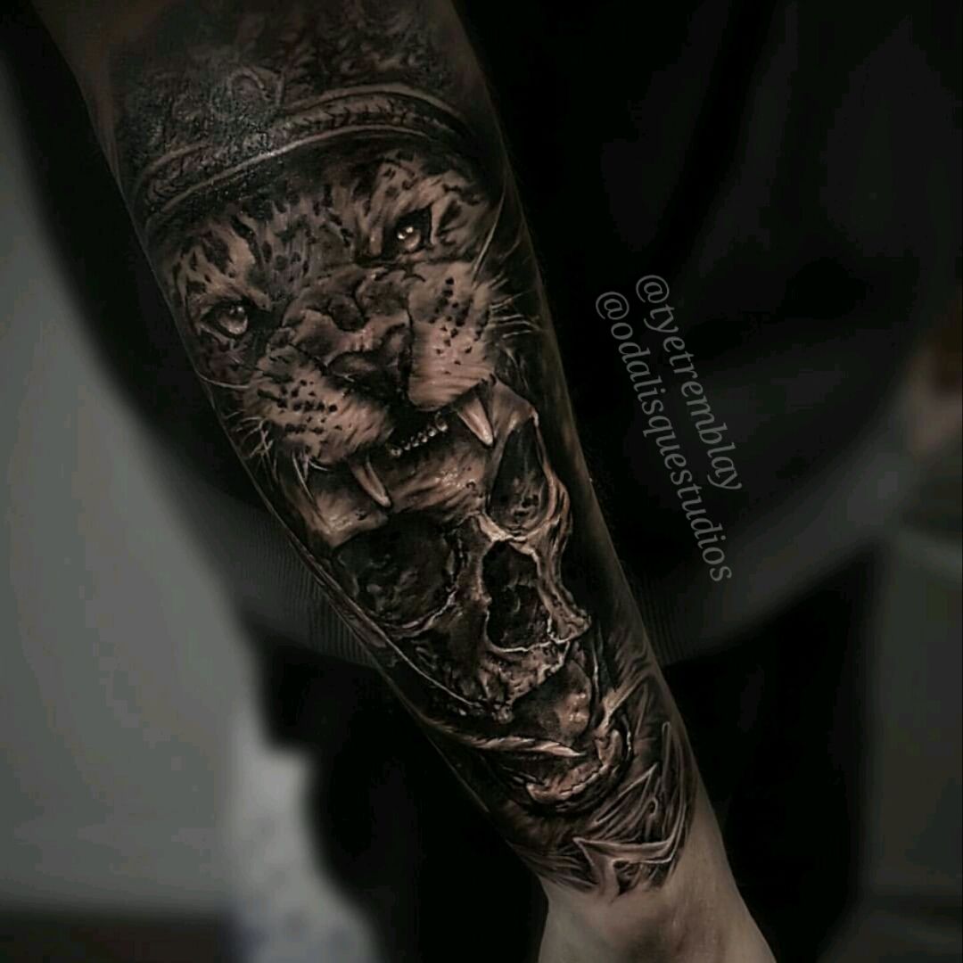 Tattoo uploaded by Tye Tremblay • #jaguar #skull #animalheaddress #Aztec #blackandgrey #realism • Tattoodo