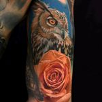 Owl tattoo by Phil Garcia #coruja #owl #flor #flower #realismo #realism #colorida #colorful #PhilGarcia