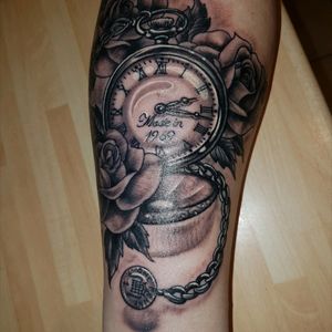 My finished #Ink The start of my #sleeve   #Family #time #1pence #clockwork #rosestattoo #blackandgrey #coinart