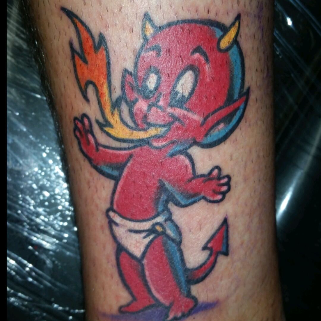 Hot Stuff the Little Devil riding a Dragon by Mikey Sarratt at High Noon  Tattoo in Phoenix AZ  rtraditionaltattoos