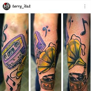 Ig: @terry_itat #music #kingpintattoosupply @Kingpin_Tattoo_Supply #memphisink @Fk_Irons #coloredtattoo #classictattooing #musicnotes @dynamiccolor @stencilstuff @Workhorse_Irons