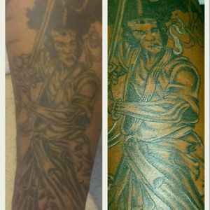 Afro samurai before and after  #tatt #tattoolife #tattoocommunity #tatts #tattooart #tattooing #tattoome #art #tatted #tattedup #inked #inkedup #blackandgrey #blackwork #tattooed #anime #afro #samurai