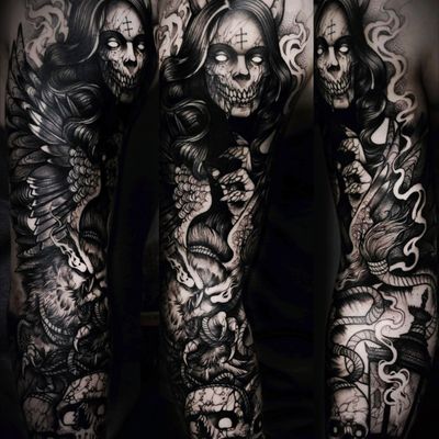 black and grey demon tattoos