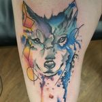 Watercolor, geometric wolf head.