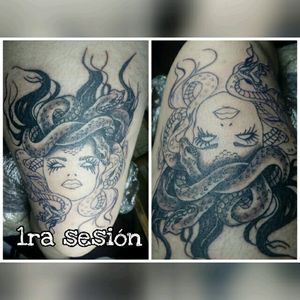 Medusa tattoo, black and grey work, selve tattoo