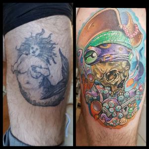Cover up of old fat mermaid design. Cover up done by Alex 'Tallboy' Williamson at Secret Soc13ty in Brighton, UK#CoverUp #NewSchool #PirateOctopus #Colourful