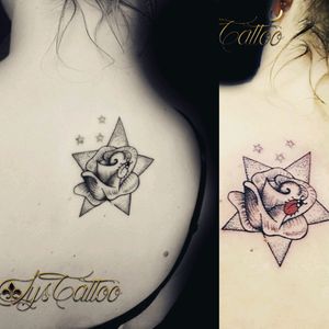 Tatouage haut du dos femme étoiles, rose et coccinelle noir et rouge by lys tattoo à Gradignan proche Bordeaux en Gironde