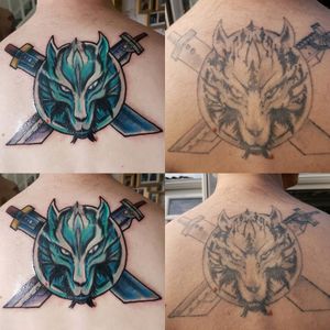 Awesome cover up of my old tattoo from tempest tattoo seabank road New Brighton. #tattoo #back #backpiece #coverup #CoverUpTattoos #newschool #colourtattoo #colour #wolf #wolftattoo #wolfshield #swords #sword #finalfantasy #finalfantasy7 #ff7 #squaresoft #fenrir #shield #adventchildren #finalfantasyadventchildren