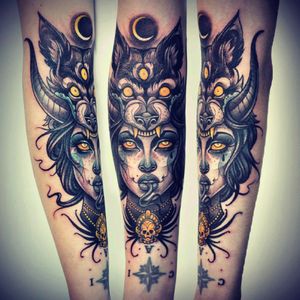 #neotraditionaltattoo  #wolf #witch #moon i love this ...