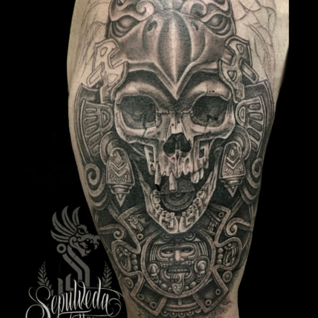 Tattoo uploaded by Ocelotl • #VictorSepulveda #Mexican #Aztec #AztecWarrior #Skull #BlackandGrey • Tattoodo
