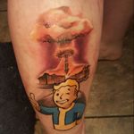 Fallout tattoo done by Kelly Harris at Scarecrow Art Gallery in Wylie, TX #Fallout #game #videogame #apocalypse #explosion #vaultboy