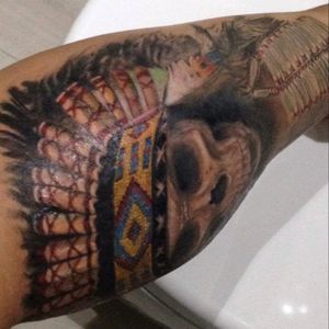 First tattoo 😋💀#realistic #firsttattoo #nativeamerican #tattoodo #tattoo #tattooed #ink #color #skeleton #headress #feathers #tattooedmen #guyswithtattoos #guyswithink #guyswithtattoo