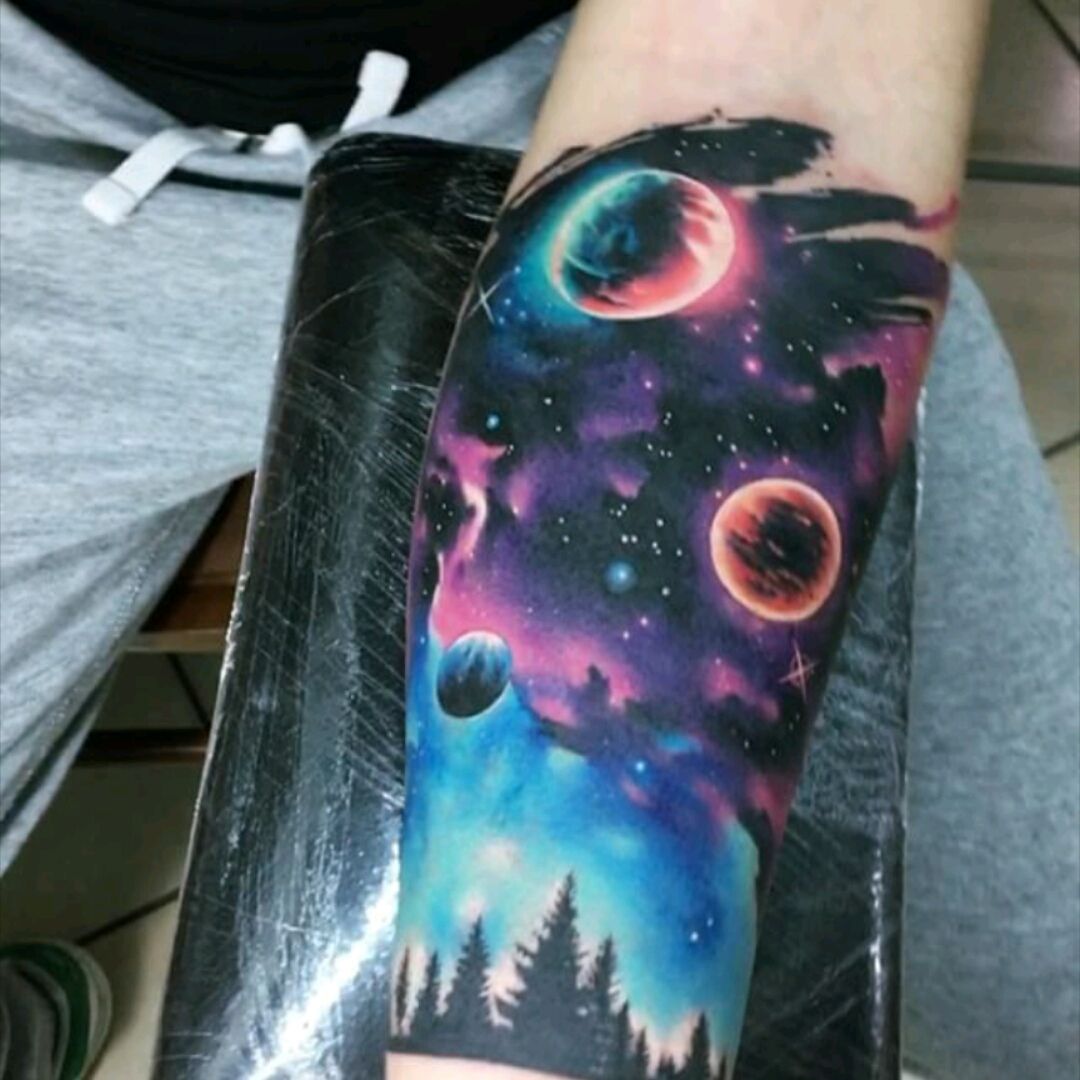 Amazing Watercolor Lion In Space Tattoo On Half Sleeve