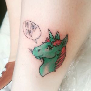 OH HAY GIRL! Haha my new silly tattoo to cheer me up lol #unicorn #ohhey #colourful #sillytattoo #alternativegirl #funnytattoo #gotthehorn