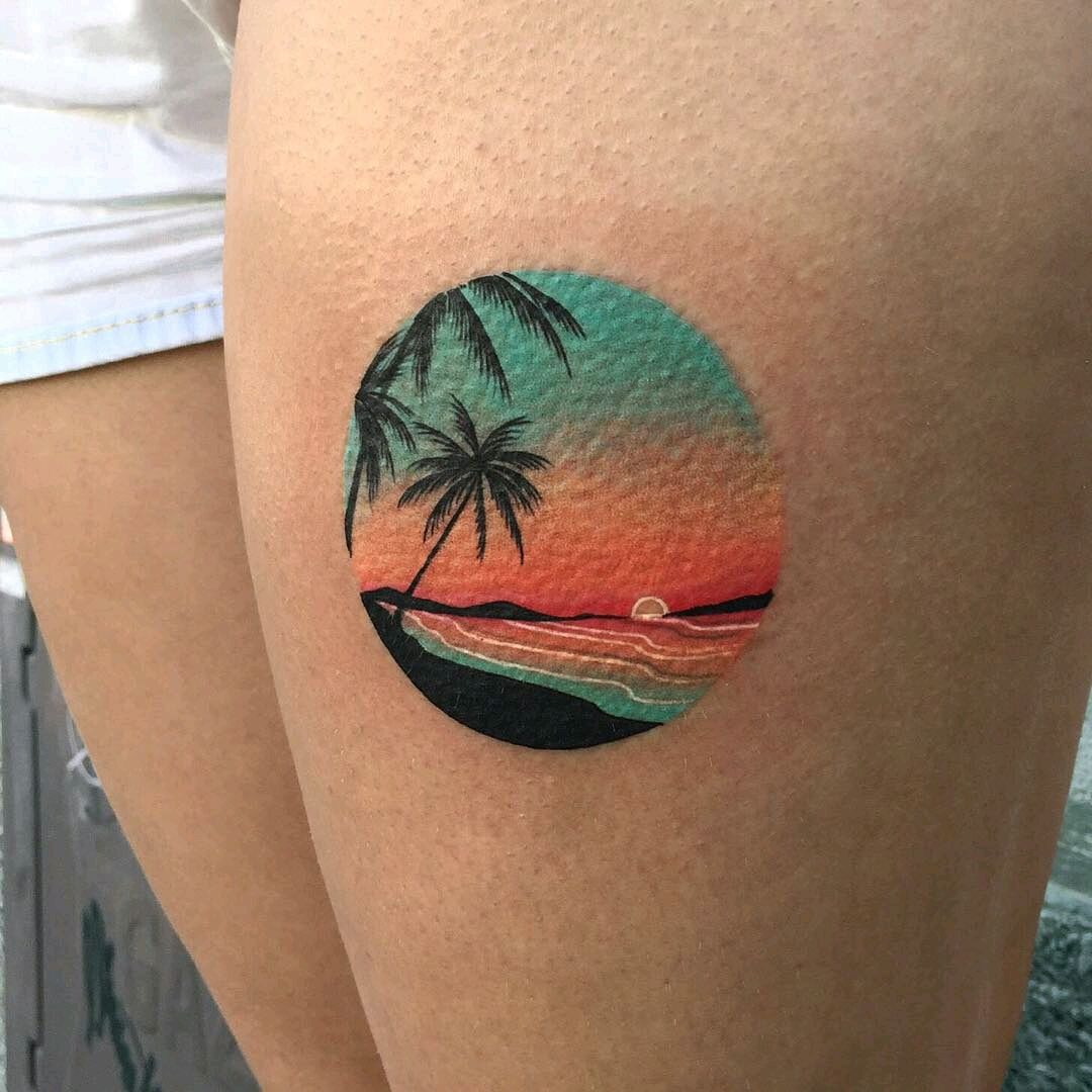 Beach sunset tattoo  palm trees  realistic tattoo  Sunset tattoos Tree  tattoo designs Palm tattoos