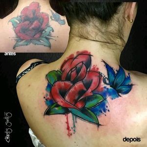 Incredible cover up by Chris Santos #tattoodo #TattoodoApp #tattoodoBR #coverup #cobertura #flor #flower #colorida #colorful #tatuadoresdobrasil #ChrisSantos