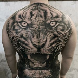 By #andyblancotattoo  This is impressive  #tiger #backpiece #blackandgrey #tigertattoo