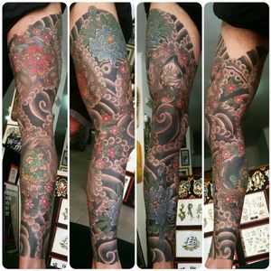 Healed pictures of Mr Andre's leg. Done at gone fishing tattoo on and off 2016-17