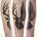 Deer and owl shin tattoo.