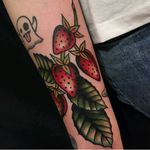 A berry beautiful piece by Ryan Belfance #strawberry #fruit #AmericanTraditional #traditional #fruittattoo #food #foodtattoo #brooklyn #nyc #colorful #bold