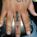 ♦ Dagger On The Finger For My Boy Jesus Visit Me For Your Next Tattoo ✏#G #Har'dLifeInk #NYC #ENY #TattooArt #InkedOut #Dagger #Sword #FingerTattoo #3DArt