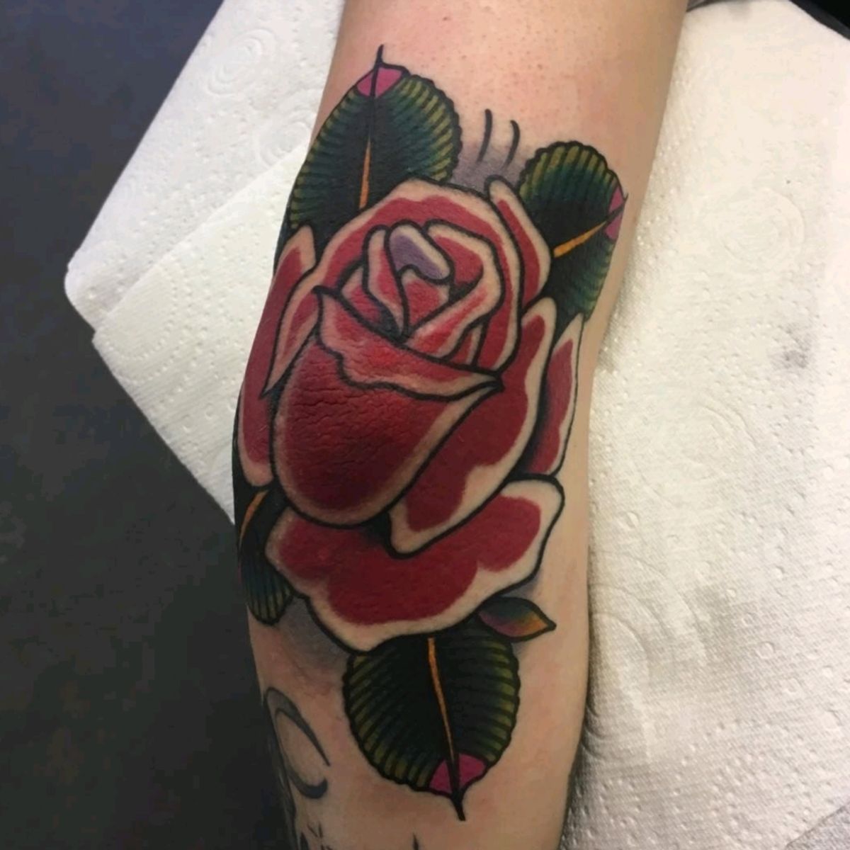 Tattoo uploaded by Rhys Davies • Traditional rose boi #rose #elbow # ...