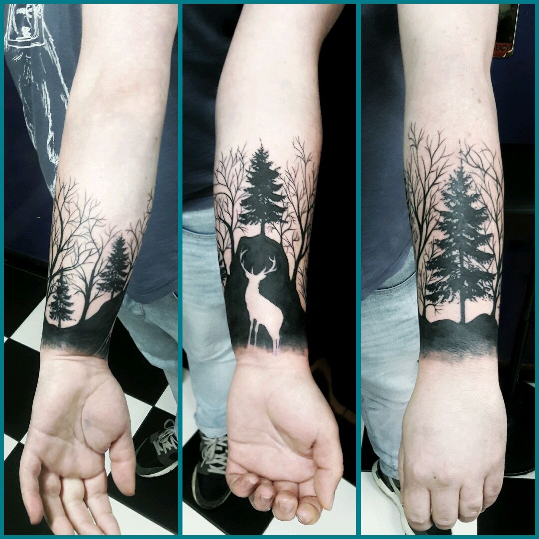 Freehand forest tattoo Complete with a stag  Forest tattoos Stag tattoo  Tattoo designs men