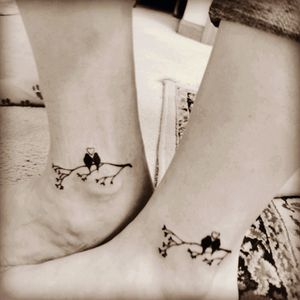 Tattoo uploaded by Kira Pelton • Delicate ankle tattoos of birds on a  branch. #motherdaughter #motherdaughtertattoo #love #birds #birdtattoo  #delicate #linework #fineline • Tattoodo