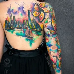 @vika_kiwitattoo #tattoodo #TattoodoApp #tattoodoBR #tatuagem #tattoo #colorida #colorful #aquarela #watercolor #paisagem #skyline