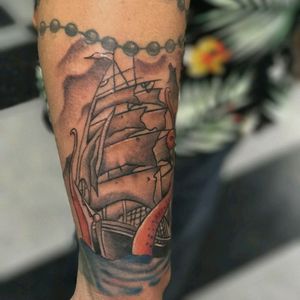 Tattoo done by @philltattz #color #colortattoo #ship #shiptattoo #kraken #krakentattoo #sailor #professionaltattooartist #orangecounty