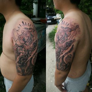 In progress to this black and grey saint michael tattoo for my happy customer. #tattoo #billionairetattoohuahin #intenzink #cheyennetattooequipment #thailand #siantmichaeltattoo #huahin