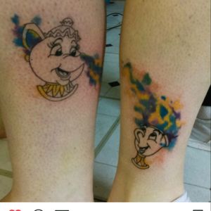 Disney tattoo done on best friends #tattoos #tattooedwomen #inkedup #bestfriendtattoo #lowerlegtattoo #disney #disneytattoo #beautyandthebeast #chips