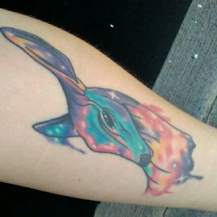 Galaxy deer tatt #galaxy #deer #tattoo #arm #animal #watercolor #linework @emeraldtattoo