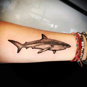 A small spam of sharks in honor of Shark Week 2017: dot work of a great white cruising around #sharks #sharkweek #sharkweek2017 #dotwork #dotworktattoo