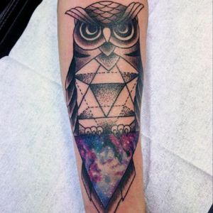 Owl tattoo by Tristan @ South Coast Tattoo, Corrimal, NSW, Aus.#owl #owltattoo #geometry #geometric #dotwork #linework #galaxy #space #outerspace #colorful #colourful #forearmtattoo
