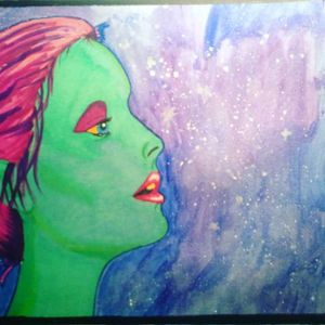 Alien girl drawing #girl #green #greengirl #watercolor #pink #paint #drawing #girls #alien #space #color #bright