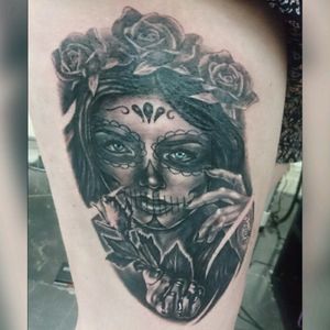 Day of the dead tattoo that my artist did for me yesterday. It's so amazing, she did such a phenomenal job 😍 #tattoo #tattooed #dayofthedeadtattoo #dayofthedeadgirl #inkmastermaterial #amazing #girlswithtattoos #inkedgirls #blackandgrey #loveit #skinart #thightattoo #tattoodo #inkmaster