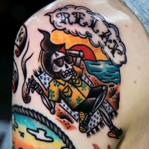 Relax.....top part of my sea themed sleeve , death taking a vacation zzzFollow me on Instagram 1tombrennanArtist @siho_tattooist at @Inkholic #oldschool #traditional #traditionaltattoo #death #grimreaper #relax #smoke #oldschooltattoo