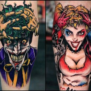 Crazy love (isn't it always) my two calf tattoos...the Harley one was a present from my parents for my birthday :) above them now it reads crazy love but this picture was taken before ... Follow me on Instagram 1tombrennan Artist @siho_tattooist at @Inkholic #thejoker #harleyquinn #dccomics #dc #neotraditional #neotraditional #realism #batman #oldschool #oldschooltattoo #calftattoo #legtattoo