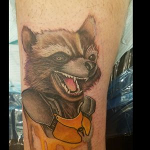 Rocket Raccoon done by Josh Doyon from Vixen and Viking Tattoo in Glens Falls NY #guardiansofthegalaxy #rocket #raccoon #color #portrait #watercolor #texture