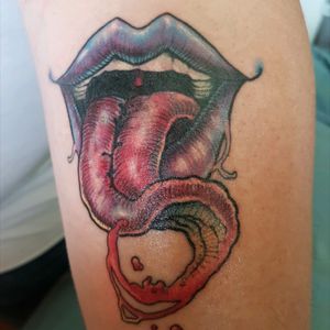 Hubby's newest addition, he says it just "spoke to him", I'm afraid to ask what it said!! ;)#tongueouttuesday #narrowwaterstattoo