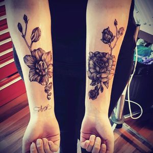 Rose and orchid. Plus my sisters name #rose #orchid #black #smalltattoo #name #sistertattoo #botharms